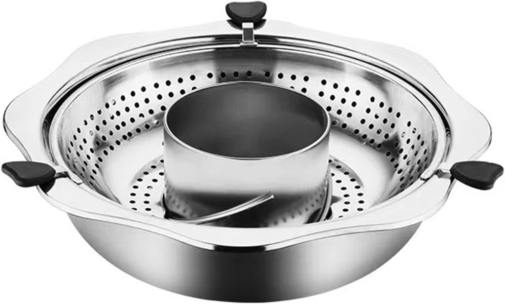Shabu Shabu Hot Pot with Divider & Strainer, 32cm Stainless Steel Basin Grid Filtering Soup Pot for Induction & Gas Stove