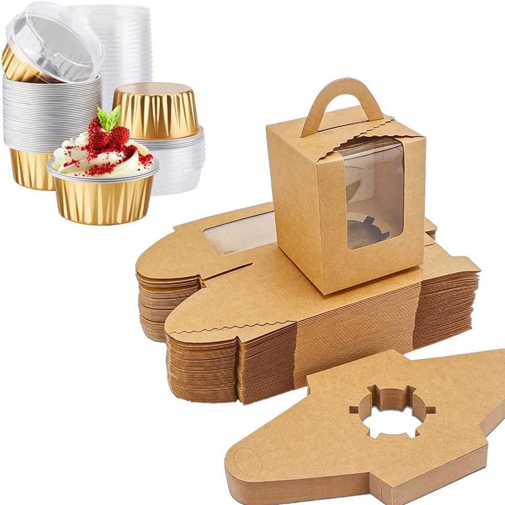 EUSOAR 50pcs 5oz Muffin Liners& Kraft Cupcake Boxes, Single Cupcake Boxes Holders Containers Muffin Gift Boxes, Aluminum Foil Baking Cups Holders with Lids for Wedding Birthday Party Cake Treats
