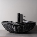 Handcrafted in Elegant Black Marble Stone, Boat-Shaped Stone Vessel Sink, 20"x14"x6" Marble Sink for Bathroom, Chiseled Exterior & Polished Interior - Bold Veins