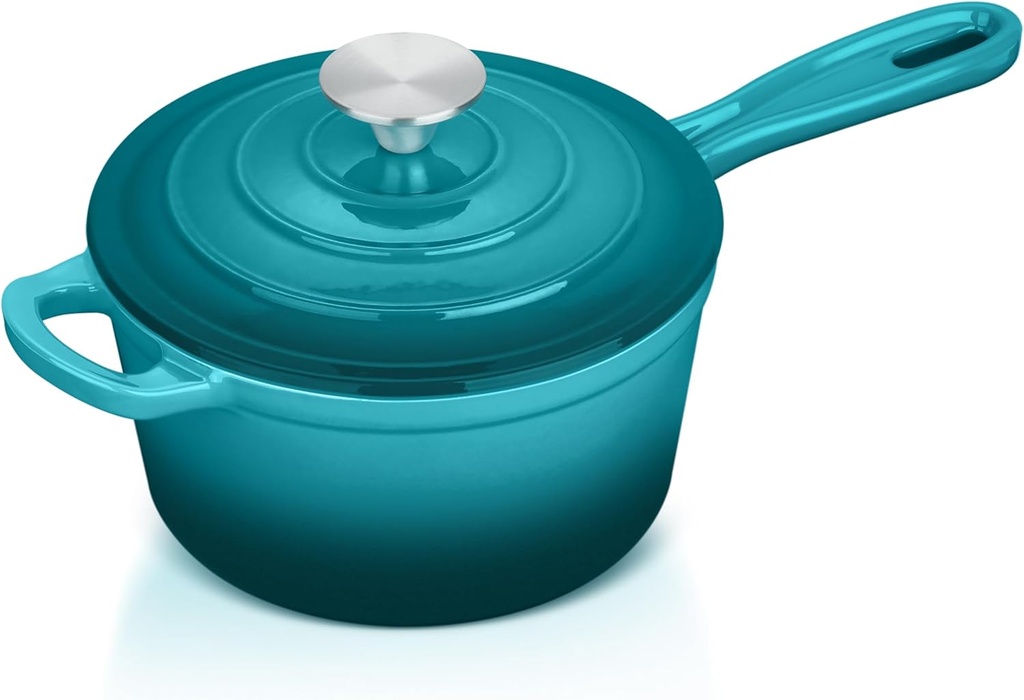 Enameled Cast Iron Sauce Pan with Lid, Leonyo 1 Quart Saucepan with Lid, Enamel Cast Iron Pot Dutch Oven Kitchen Cookware for All Cooktops Cooking Pasta, Soup, Milk - Up to 500°F & 4.4Lbs, Lake Green