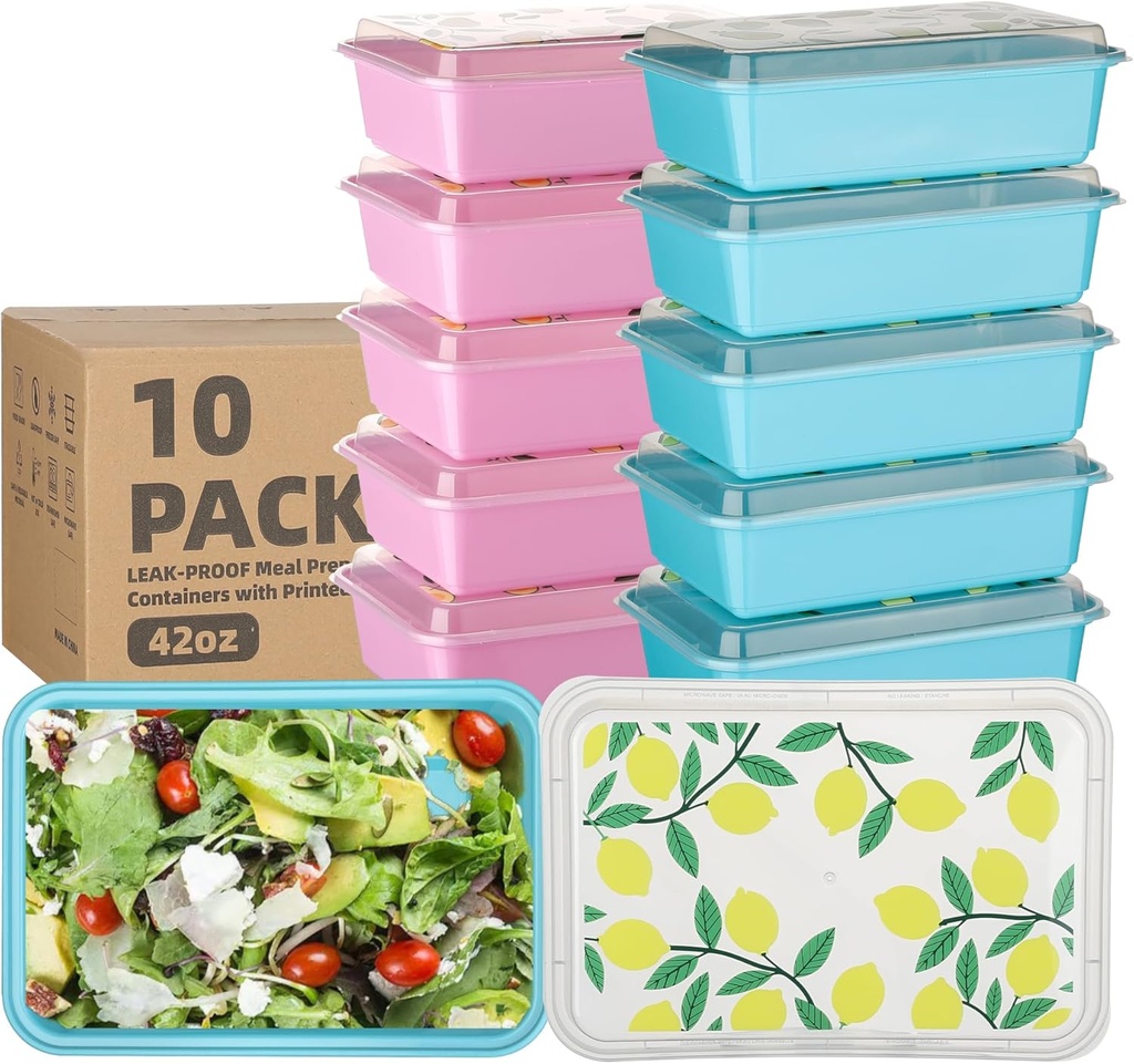 10 Pack 42 oz Meal Prep Containers, Reusable Plastic Food Prep Storage Containers with Printed Lids, Stackable, Leakproof, Microwave & Freezer & Dishwasher Safe,To Go Take Out Box, Lemon