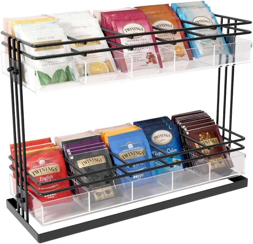 J JACKCUBE DESIGN Tea Bag Organizer Steel and Acrylic 2 Tier, 10 Compartment Tea Bags Sugar Packets Coffee Station Storage Holder for Cabinet Countertop Office (Black)- MK1308A