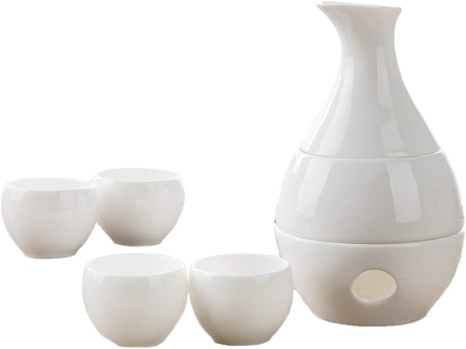 7 Piece Sake Set, White Glazed Ceramic Cups Set with Warmer Pot and Candle Stove, Elegant Crafts Wine Glasses, for Cold/Warm/Shochu/Tea Best Gift-Combination Sets
