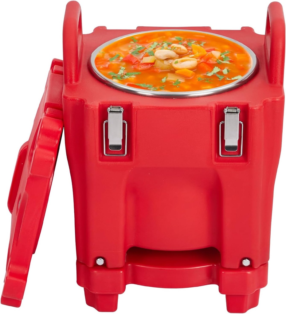 Insulated Food Pan Carrier -Top Load, Includes Spoon, Wheel and Lock, 20L Capacity, Stainless Steel Liner, Portable for Catering, Family Gathering, Canteen, Restaurant Red