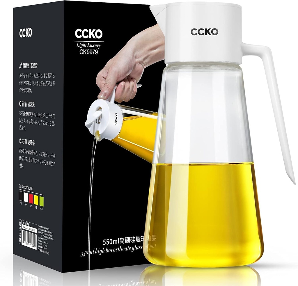 CCKO Glass Olive Oil Dispenser Bottle 19oz Olive Oil Bottle for Kitchen, Auto Flip Drip Free Cooking Oil Dispenser for Soy Sauce, Syrup, Vinegar, Salad Dressing Container (White)