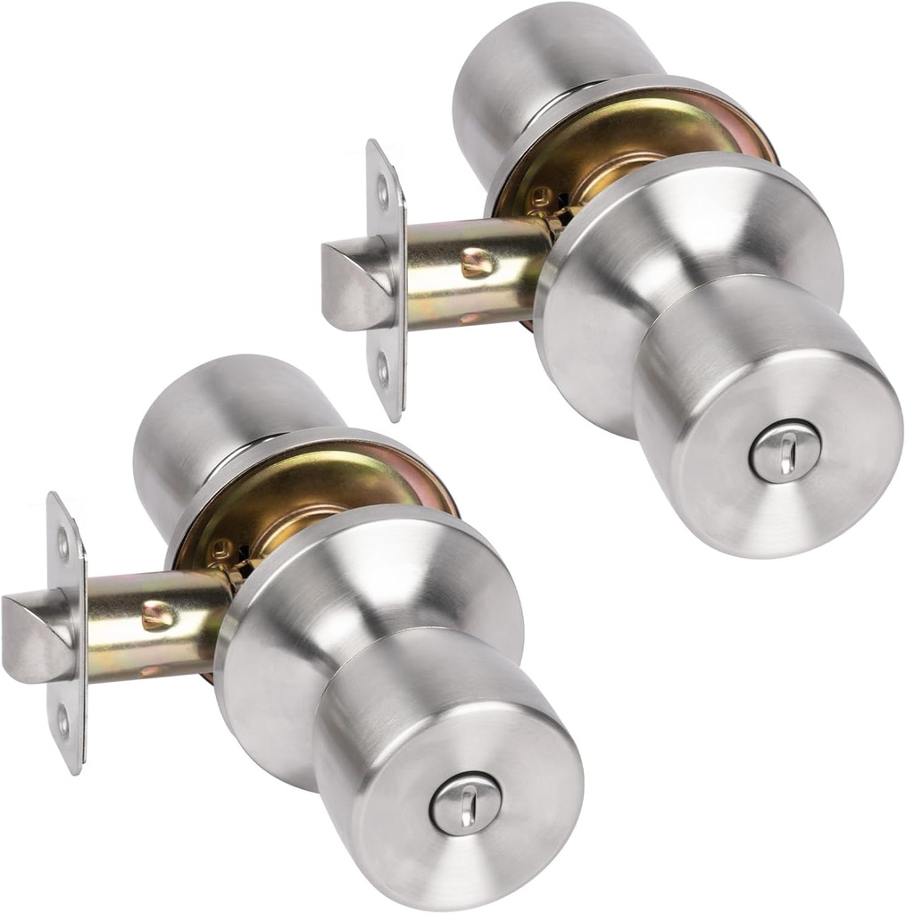 HOSOM Privacy Door Knob with Lock,2 Pack Interior Door Knobs for Bedroom and Bathroom, Keyless Doorknob with Round Ball, Satin Nickel Door Handle