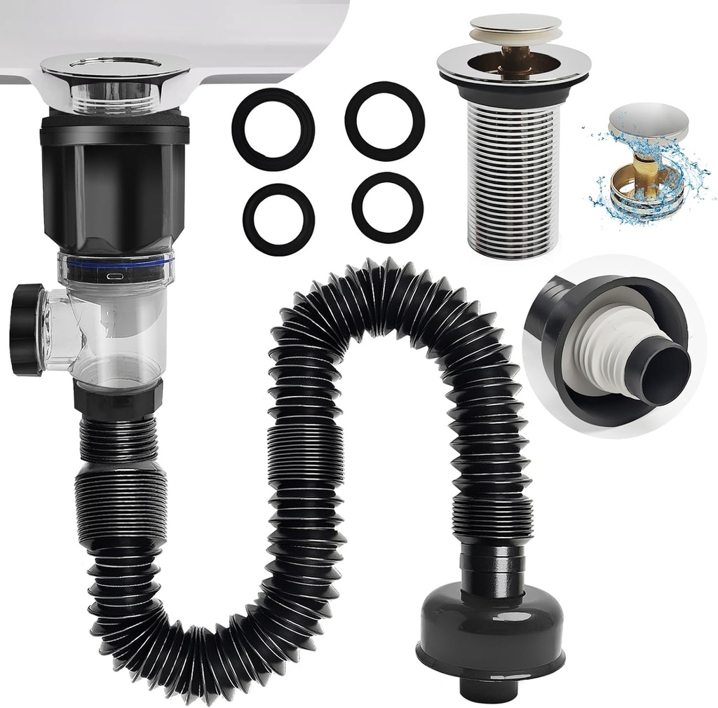 Bathroom Sink Drain kit Black,That can be Used with or Without Overflow,Bathroom Sink Drain with Strainer Basket Hair Catcher and pop-up Stopper， for 1-1/4'' & 1-1/2'' RuQiankun