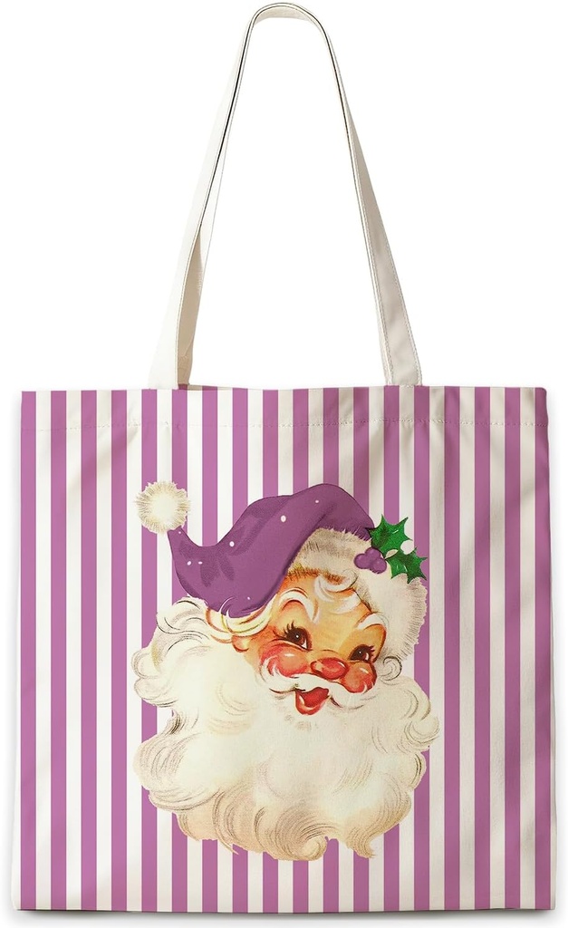 Purple Striped Christmas Santa Tote Bag, Trendy Santa Claus Xmas Canvas Tote Bags, Holiday Christmas Reusable Grocery Shopping Bag