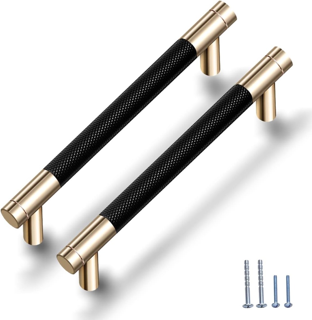 12 Pack 5 Inch 128 mm Knurled Cabinet Handles Cabinet Pulls Aluminum Handles Knurled Drawer Pulls Gold and Black Oxidation Finish with Diamond Pattern 6.2" Length (5" Hole Center)