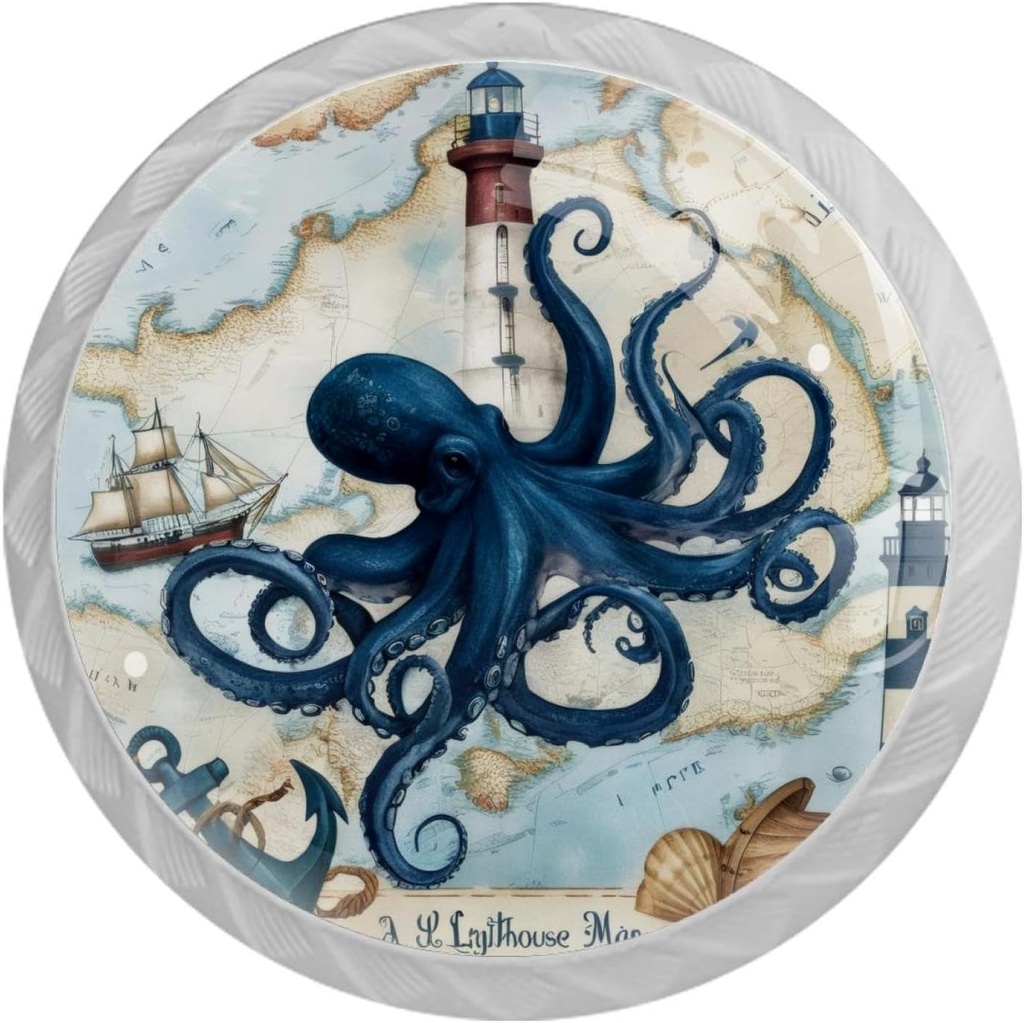 4 Pack White Cabinet Knobs, Sea Blue Octopus Drawer Handles for Cabinets, Dresser, Cupboard, Bathroom, Bedroom, Kitchen Hardware Closet Door Knob