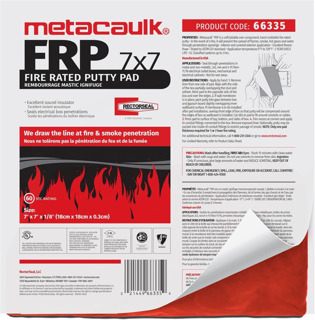 RectorSeal Metacaulk Firestop Putty Pad 66335, Easy Installation, Firestop, 7"X7"