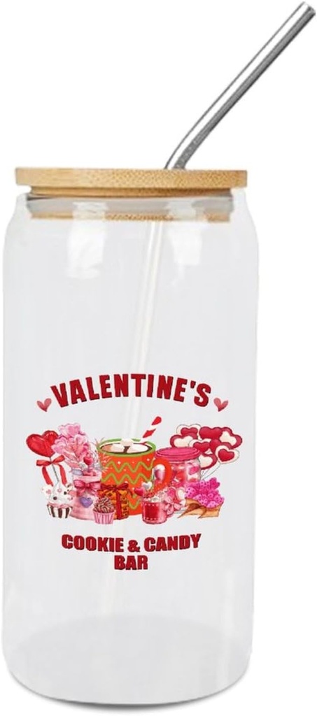 Valentine's Day Glass Cups with Bamboo Lids And Straw 16 Oz Valentine's Day Hot Cocoa Cookie & Candy Bar Red Pink Love Hearts Iced Tea Glasses Drinking Glasses Set Tumbler Glass Can Coffee Cups