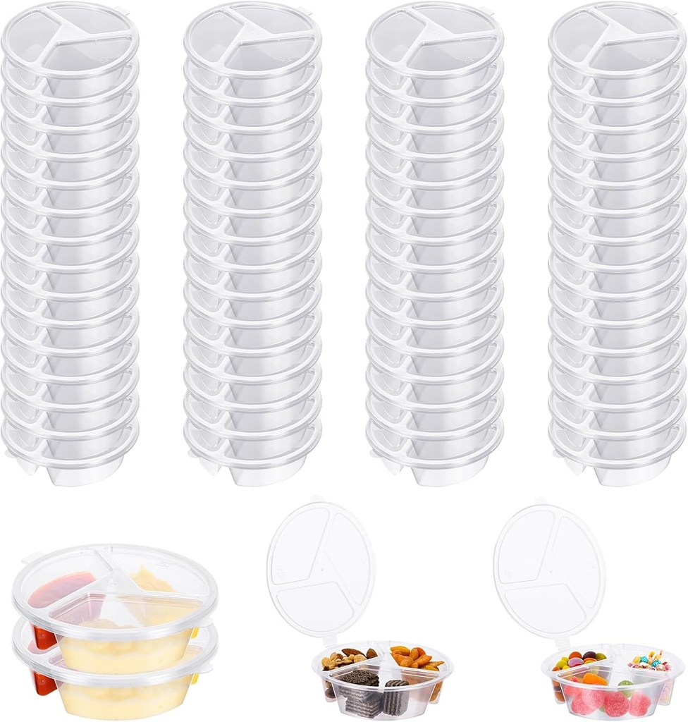 30 PCS Disposable 3 Compartment Snack Containers with Lids, Plastic Snack Pack Containers, Grab and Go Snack Containers for Salsa (3Compartment,Clear,30Packs)