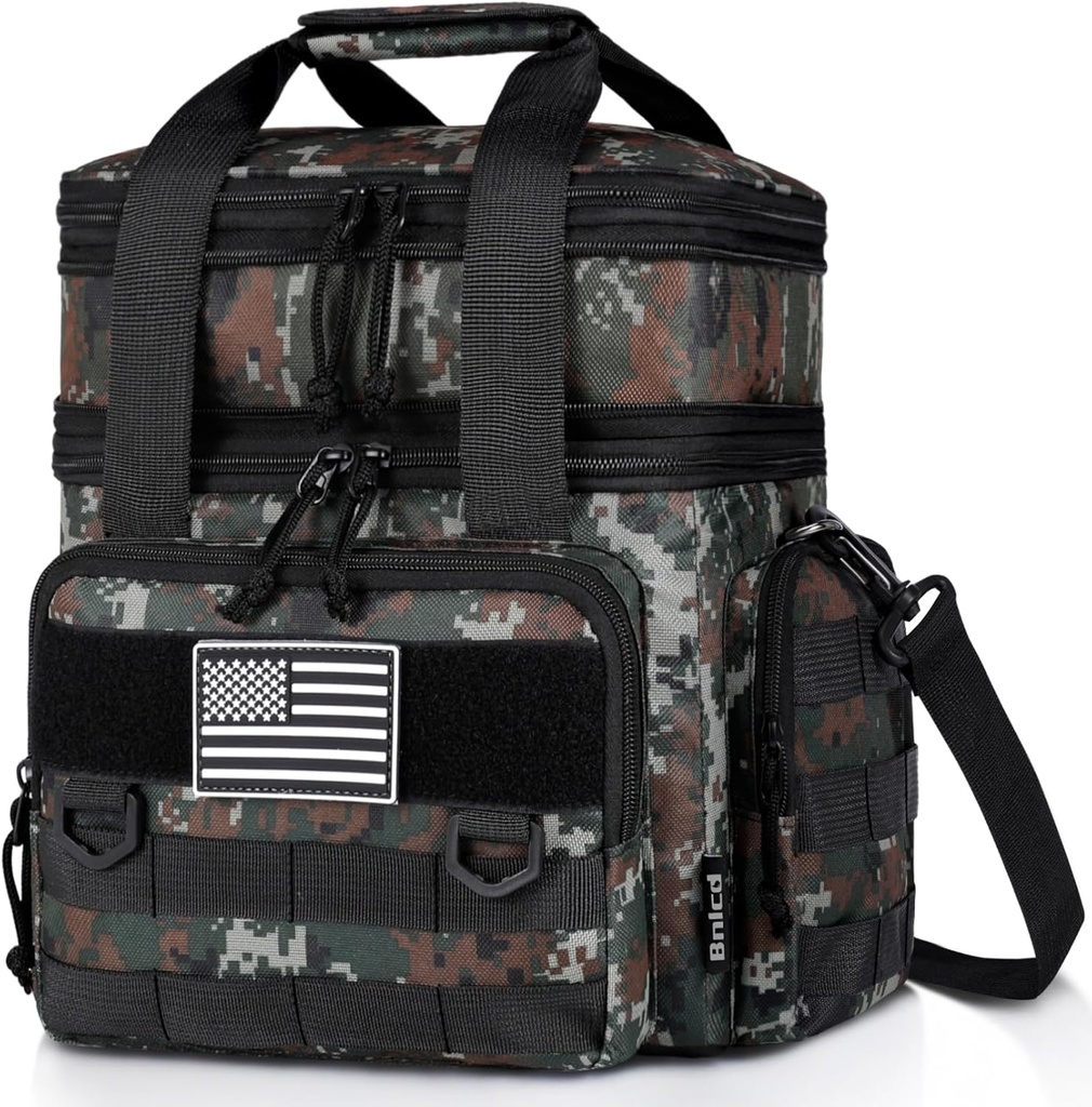 Tactical Lunch Box for Men, Expandable Large Insulated Lunch Bag for Adult, Heavy Duty Double Deck Lunch Cooler Bag with Shoulder Strap, Leakproof Soft Lunch Pail with American Flag - Green Camo