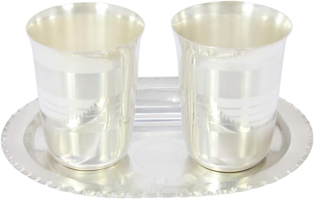 Two Silver Plated Juli Glass Set with Tray, Glass Set for Water, Return Gifts for Anniversary, Glass Tray Serving Set, Silver Plated Glass for Gifts, Set of 2 by Indian Collectible