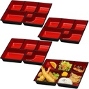 JapanBargain, Lunch Bento Box Japanese Traditional Plastic Lacquered 6 Compartments Bento Plate for Restaurant or Home, Red and Black Color, 11.75"x9.5", Made in Japan, 4 Pack