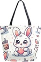 Seamless Pattern Of Cute Rabbit with Heart and Bubble Milk Tea Background Canvas Tote Bag for Women Travel Work Shopping Grocery Top Handle Purses Large Totes Reusable Handbags Cotton Shoulder Bags