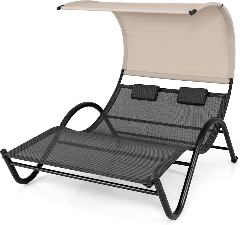 Tangkula 2 Person Lounge Chair with Canopy, Outdoor Chaise Lounge with 2 Detachable Pillows, UPF50+ Extra Large Double Patio Hammock Sunbed Chair with 2 Wheels for Backyard, Poolside