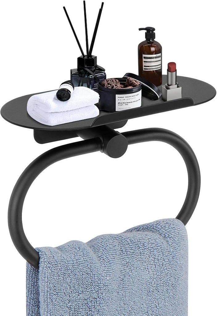 Hand Towel Ring with Shelf, 304 Stainless Steel Hand Towel Holder, Heavy Duty Bath Accessories, Wall Mounted Towel Hanger for Bathroom Kitchen (Matte Black)