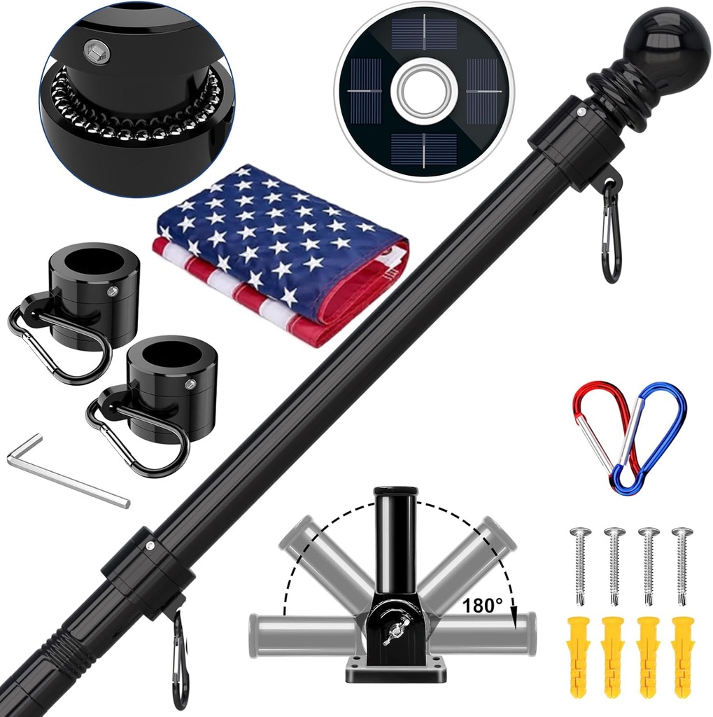 ZMTECH 5FT Flag Pole Kit with Solar Light and Embroidered American Flag, Adjustable Bracket and Upgraded Tangle-Free Ring 1" Stainless Steel Flagpole for Day and Night, Residential, Commercial, Black