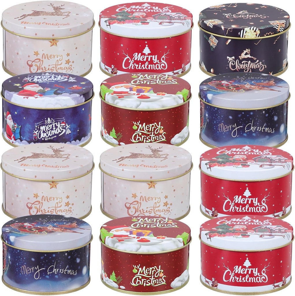 DOITOOL 12 Pcs Christmas Candy Tins Round Cookie Tins with Lids Holiday Nesting Containers Candy Biscuits Treat Boxes for Christmas Party Supplies Assorted Color