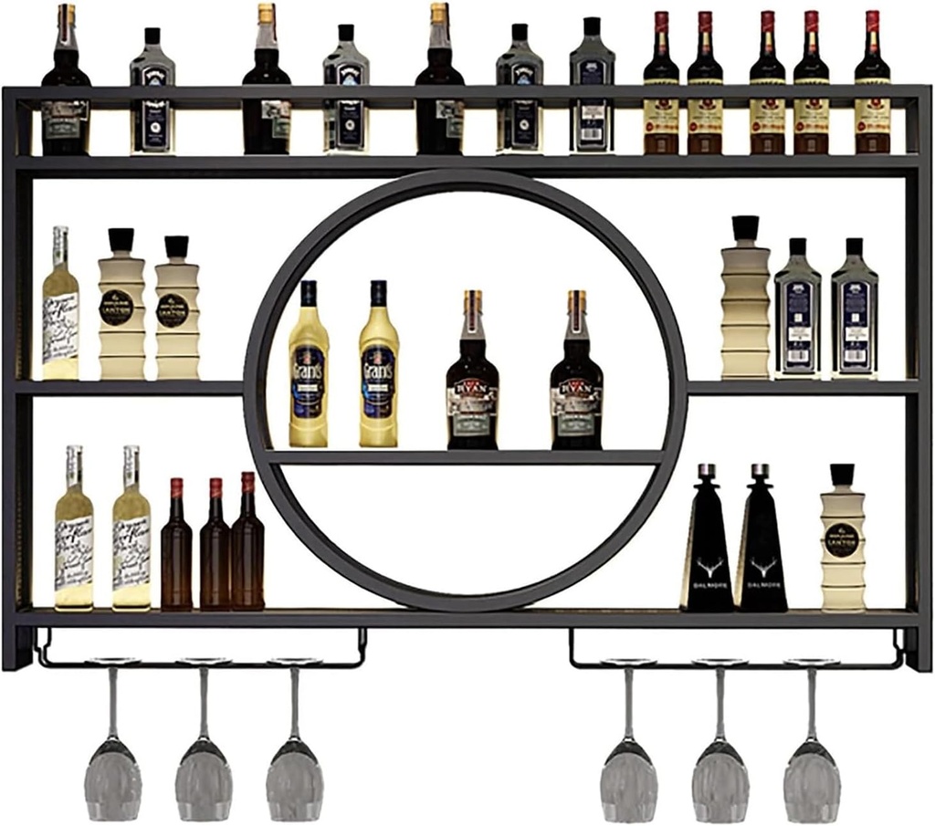 Wall Mounted Wine Rack with Wine Glass Holder,Metal Floating Bar Liquor Shelves 3 Tier,Wall Bar Shelf Wine Display Storage Holder for Kitchen Dining Room Bar Wine Cellar,Black/Gold