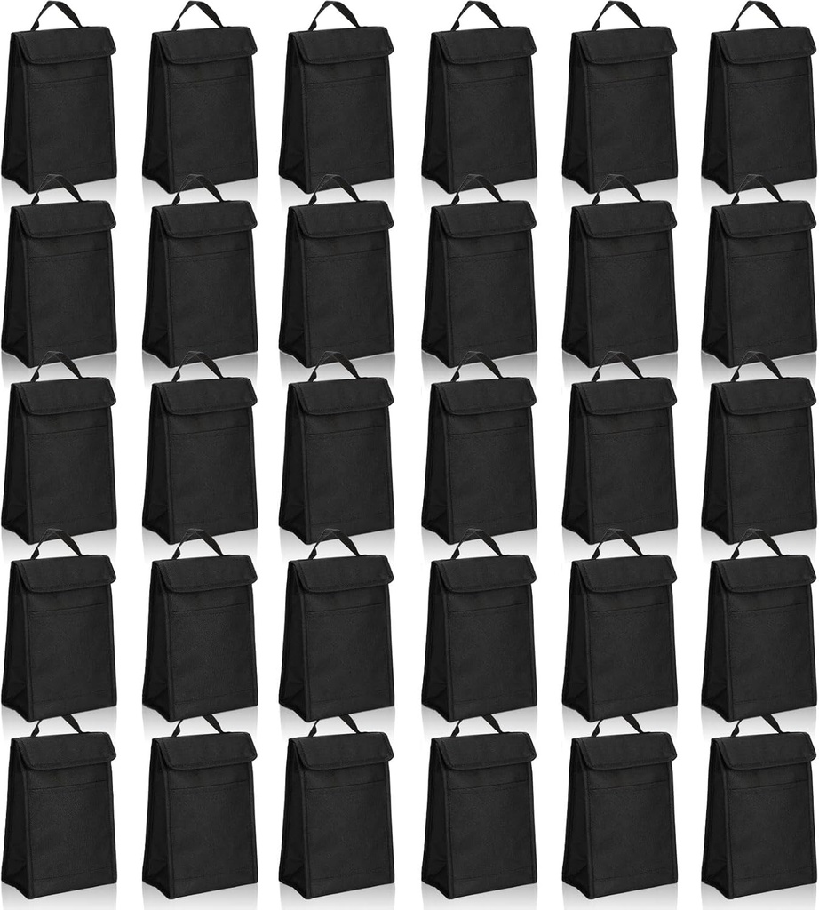 Cunno 30 Pcs Insulated lunch Bags Bulk Hook and Loop Reusable Cooler Bags Black Waterproof Bag Bulk with Foil Thermal for Women Men Office Picnic Travel