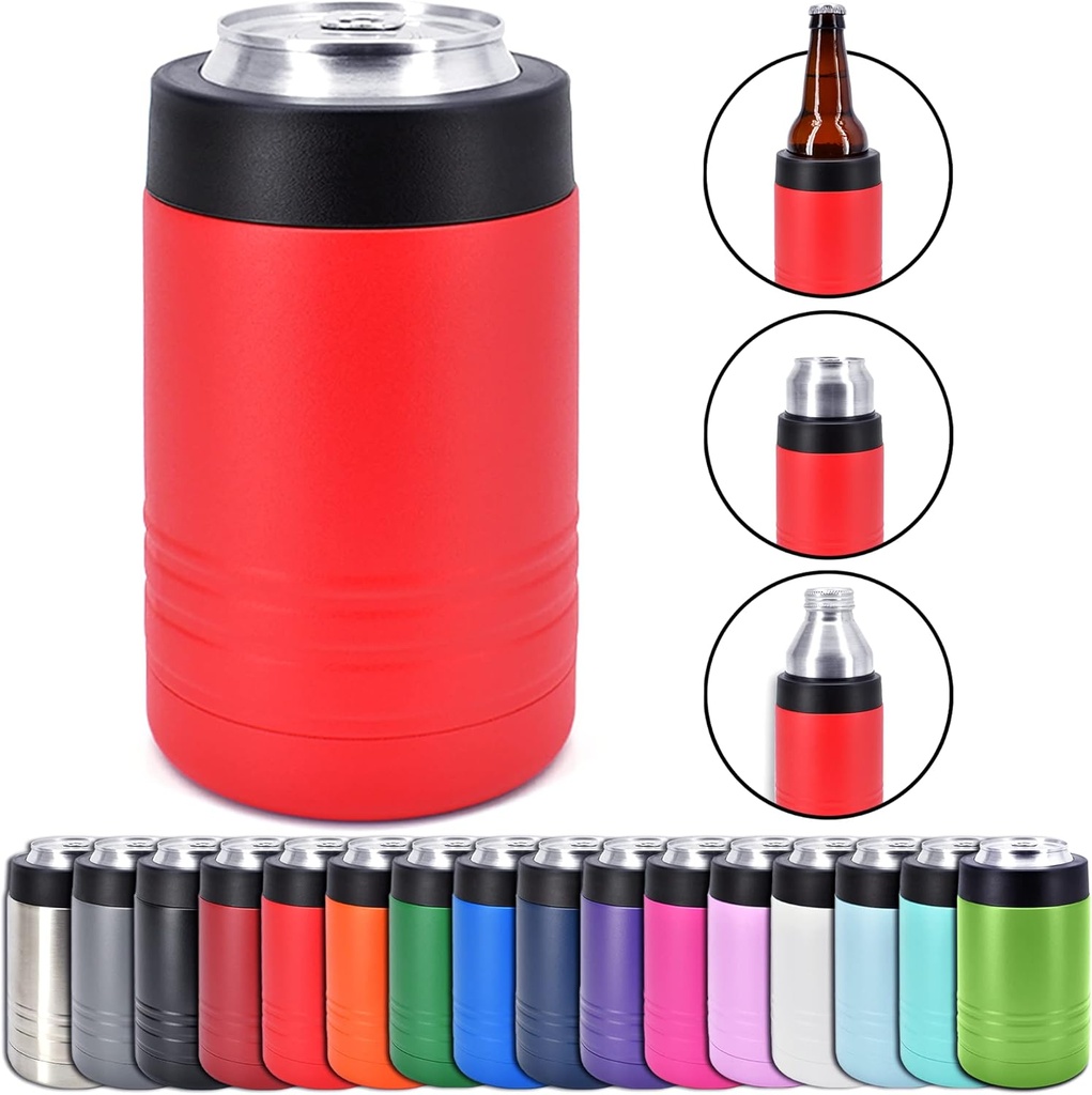 4-in-1 Stainless Steel 12 oz Double Wall Vacuum Insulated Can or Bottle Cooler Keeps Beverage Cold for Hours - Also Fits 16 oz Cans - Powder Coated Red - Clear Water Home Goods