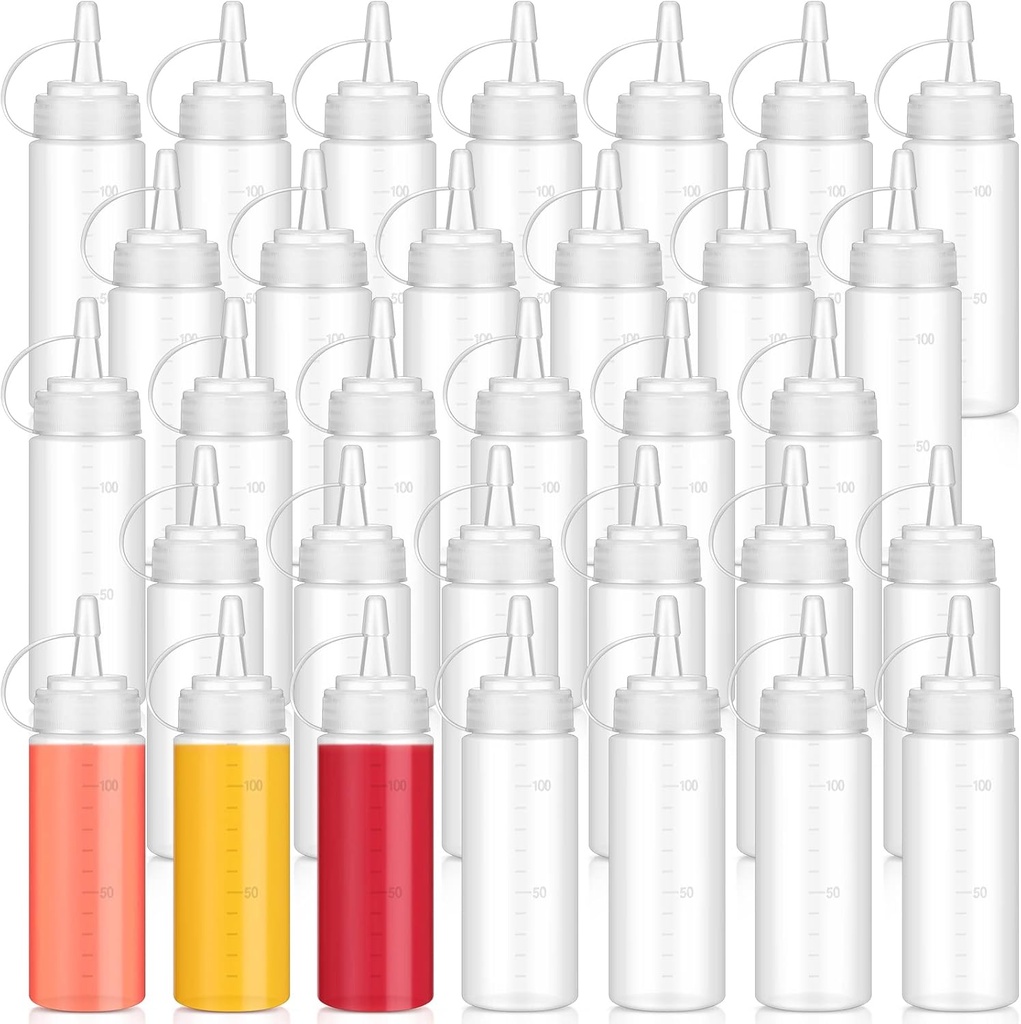 Hoolerry 32 Pcs 4oz Small Plastic Squeeze Bottle Condiment Squirt Bottle Bulk Discrete Measurements Dressing Container Ketchup Dispenser for Syrup Acrylic Paint Craft BBQ Grill Liquid Oil Camp Shampoo