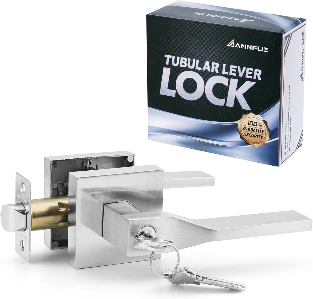 Square Entry Lever Door Handle Lock and Keys Locking Lever Set[for Front Door,Office,Room] Reversible for Left&Right,Heavy Duty,Not Keyed Alike (Entry,Satin Nickel)