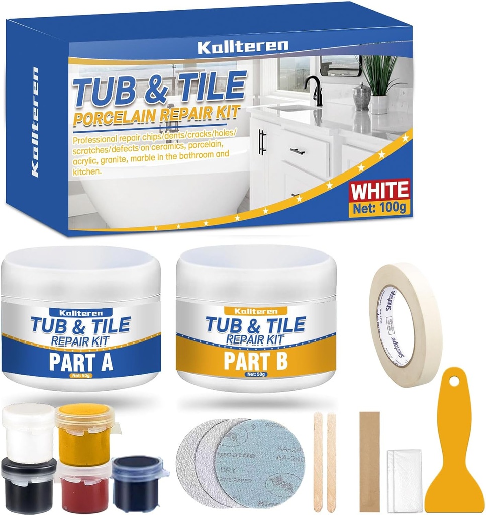Tub and Fiberglass Shower Repair Kit, White Porcelain Repair Kit, Porcelain Sink and Acrylic Bathtub Repair Kit for Cracks Chips Dents Holes, 3.7oz