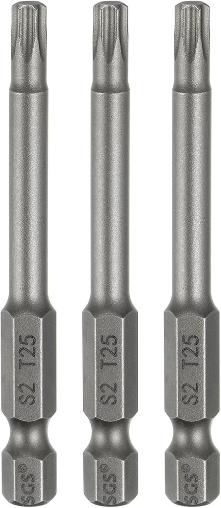 HARFINGTON 3pcs T25 Torx Head Screwdriver Bit 1/4" Hex Shank 2.6" (65mm) Long Magnetic No Hole Tip Tamper Proof 6 Point Star Screw Driver Drill Bits S2 Steel Industrial Power Screwdrivers
