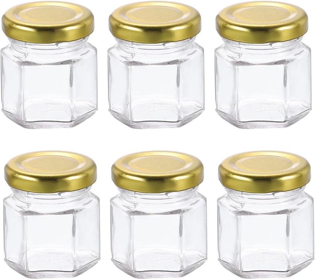 HARFINGTON 6pcs Hexagon Glass Honey Jars 1.5oz Small Mini Honey Jar Container with Gold Lids for Wedding Party Favors Bridal Shower