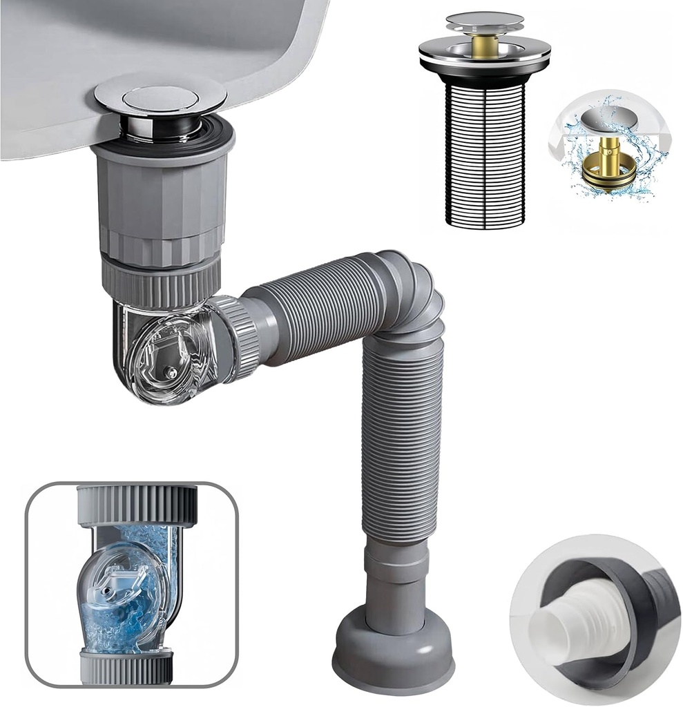 Bathroom Sink Drain Pipe Kit, 3 in 1 Plumbing, Fits for 1-1/4'' & 1-1/2'' Drain Hole, with Anti-Odor, Anti-Backflow, Space-Saving Design for Bathrooms, RVs, and kitchen