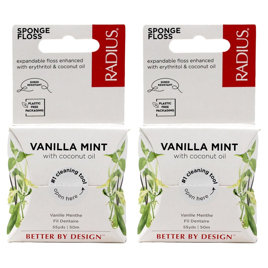 Radius Dental Floss, Sponge Floss, Vanilla Mint, 55 Yards, Vegan & Non-Toxic Oral Care Designed to Help Fight Plaque, Pack of 2