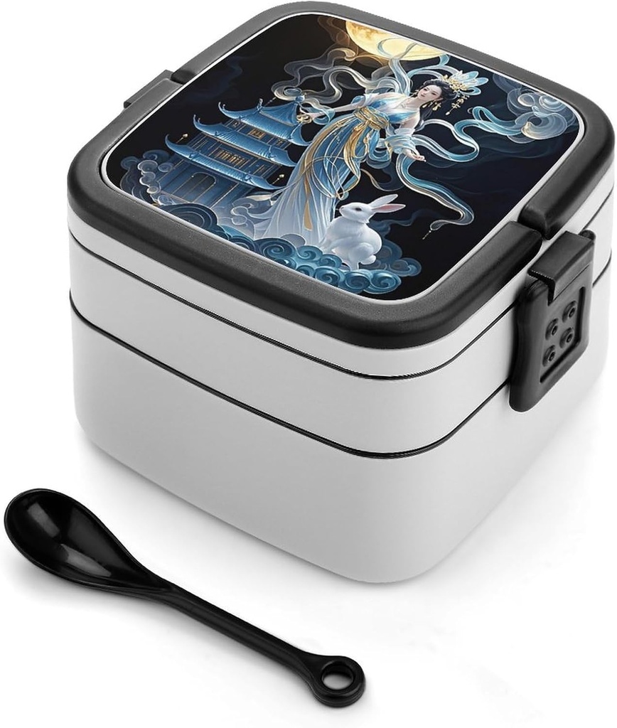 Chang'e Fairy Bento Box - Double Layer, Leakproof Food Containers with Partition & Spoon, Stackable Lunch Box for Office, Travel, Camping