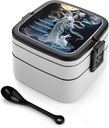 Chang'e Fairy Bento Box - Double Layer, Leakproof Food Containers with Partition & Spoon, Stackable Lunch Box for Office, Travel, Camping