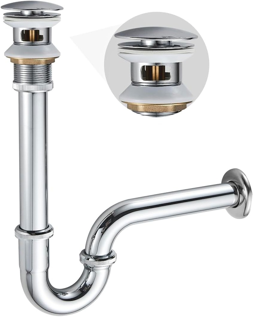 Bathroom Sink Bottle P Trap, U-Shape 1-1/4 inch Slip Inlet Drain Complete Kit, Lavatory Sink Stopper Set with Overflow, Chrome