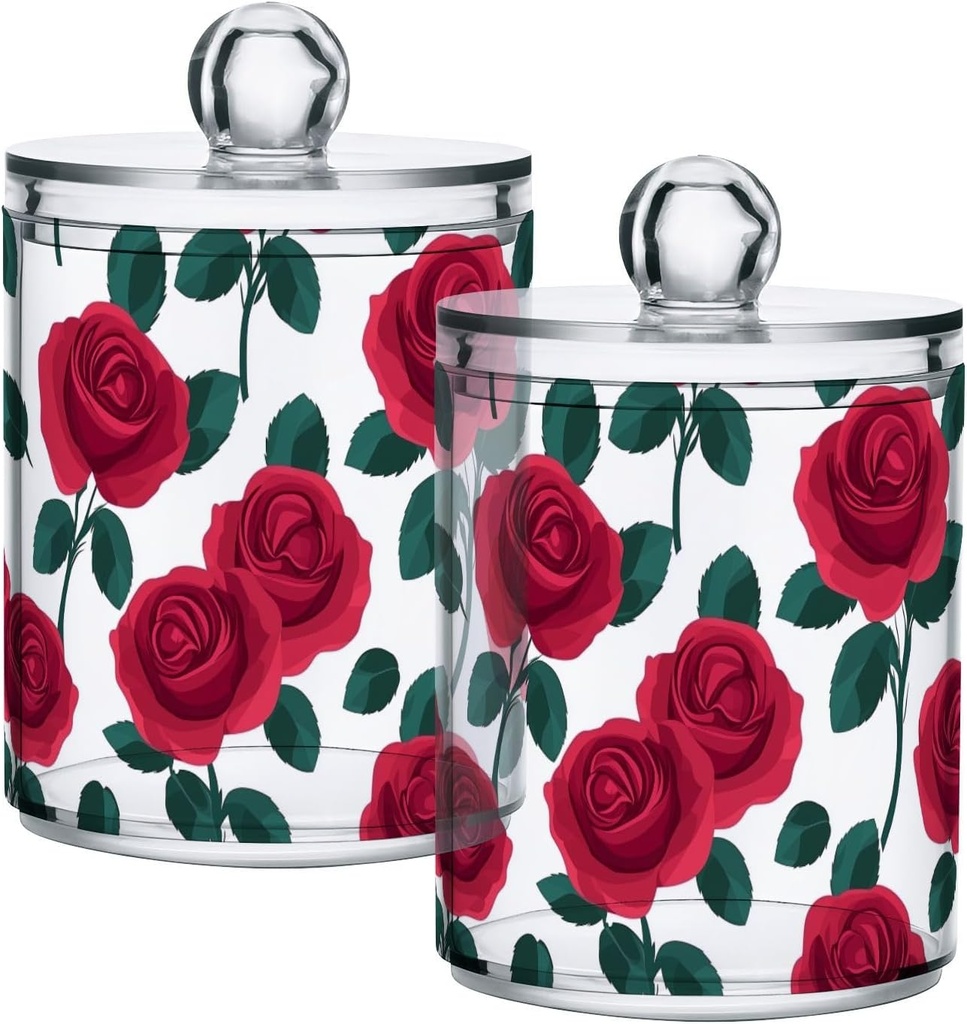 Acrylic Plastic Clear Jar with Lid, Red Rose Green Leaf Airtight Storage Jar 2 Pack Kitchen Storage Containers for Cookie Snack Candy