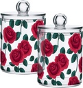 Acrylic Plastic Clear Jar with Lid, Red Rose Green Leaf Airtight Storage Jar 2 Pack Kitchen Storage Containers for Cookie Snack Candy