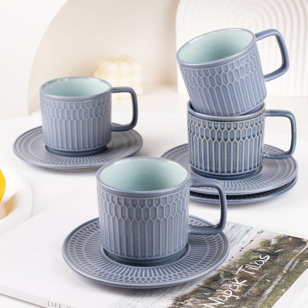 Large Cappuccino Cups with Saucers Set of 4, 8 Ounce Stackable Embossed Ceramic Coffee Mugs for Specialty Coffee Drinks, Latte, Cafe Mocha and Tea, Dishwasher & Microwave Safe (Blue)