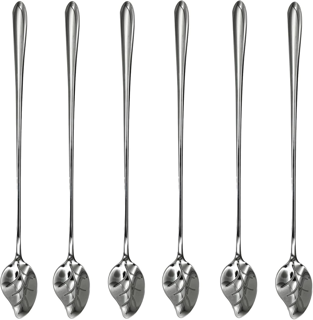 6Pcs Willow Leaf Shaped Teaspoons 7.7Inch 18/10(304) Stainless Steel Leaves Long Handle Iced Tea Stir Spoons for Mixing Coffee Tea Cocktail Drinks
