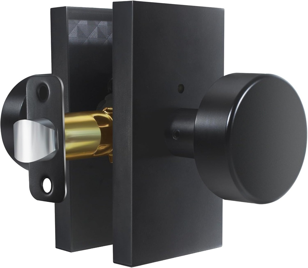 Matte Black Zinc Alloy Privacy Door Knob with Lock, Heavy-Duty Round Handle with Rectangle Frame, Bedroom Bathroom Interior Quick Installation Lock Set, 1 Pack