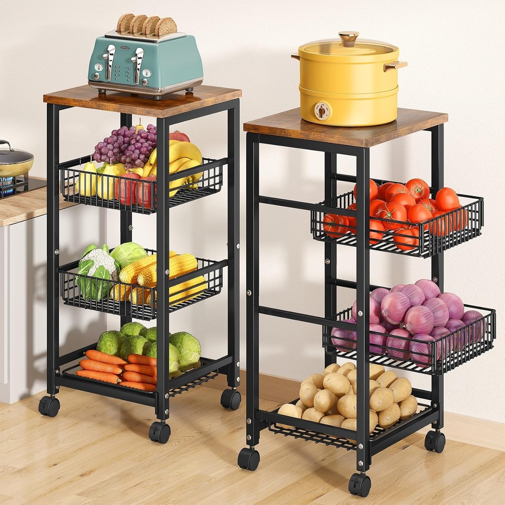 SNTD Fruit Basket Vegetable Stand for Kitchen Pantry, Pull Out Metal Wire Basket with Wood Top for Fruit Vegetable Onions Potatoes Snacks