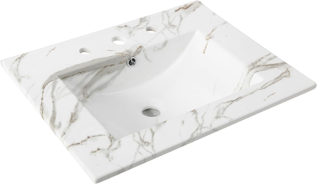 JONATHAN Y SNK1001C Ancillary 3-Hole 24 in. W x 18.25 in. D Classic Contemporary Rectangular Ceramic Single Sink Basin Vanity Top, White Marble Effect