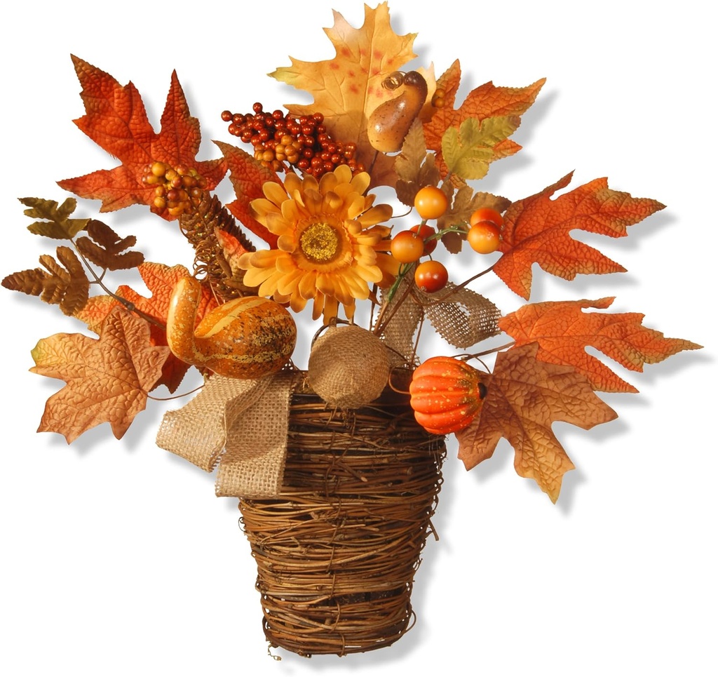 National Tree Company Artificial Flowers in Wicker Basket, Decorated with Pumpkins, Gourds, Berry Clusters, Burlap, Maple Leaves, Autumn Collection, 16 in