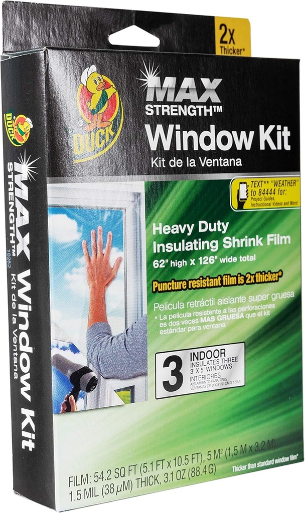 Duck MAX Strength Heavy Duty Insulating Film Window Kit, 3-Window, 62-Inch x 126-Inch, Indoor, 284351