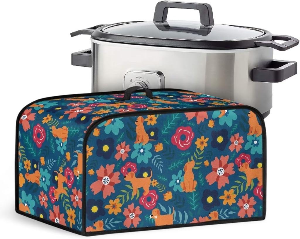 TODIYADDU Cute Dog Slow Cooker Carrying Case Poppy Flowers Kitchen Appliance Dust Cover with Handle and Storage Pocket for Crock Pot or Air Fryer Waterproof Slow Cooker Cover Holiday Gifts