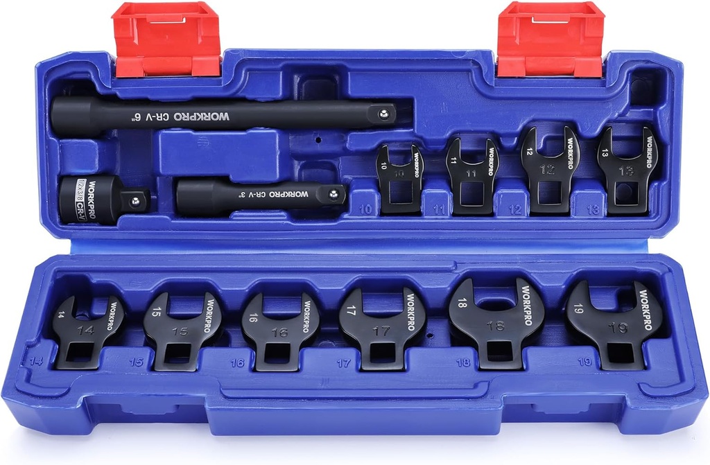 WORKPRO 3/8" Drive Crowfoot Wrench Set, 13 Pcs Metric Crows Foot Wrench Set with 2 Extension Bars, 1/2'' to 3/8'' Adapter, and Portable Storage Box, 10mm to 19mm, Access Fasteners in Tight Spaces