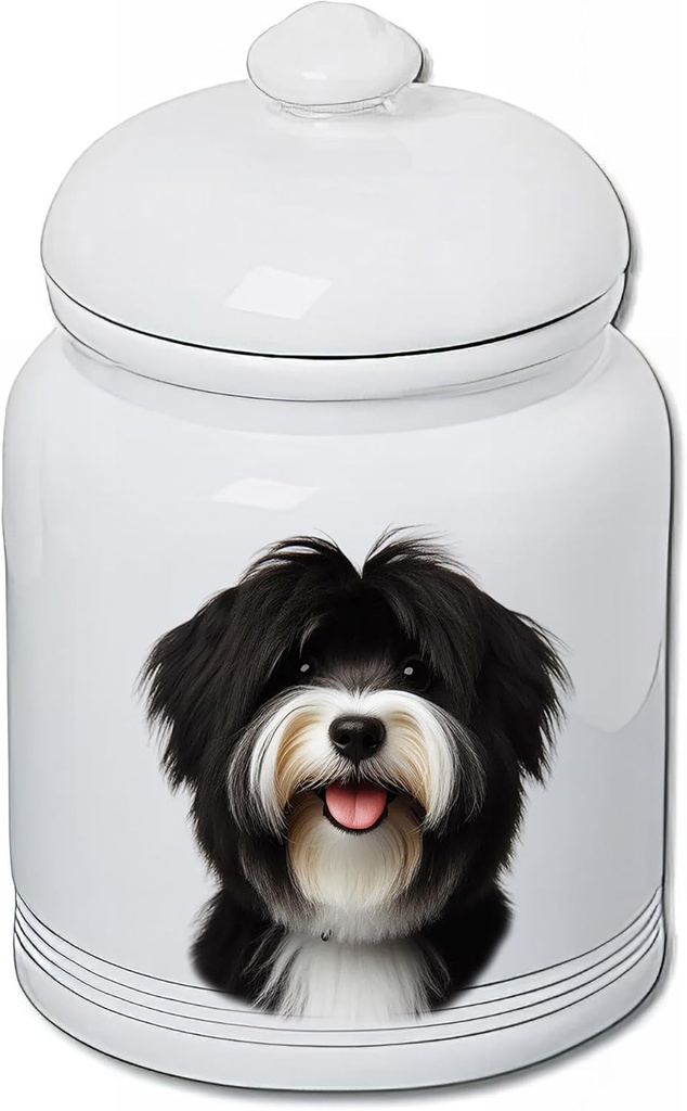 Best of Breed Tibetan Terrier Black/White Dog and Cat Ceramic Treat Jar 9" Tall Air Tight Seal All White